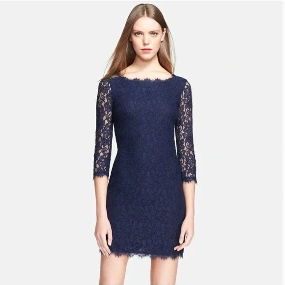 DIANE VON FURSTENBERG Zarita Midnight Navy Blue Stretch Lace Shift Dress, Size 4